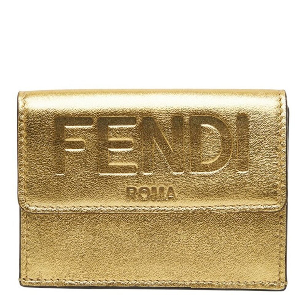 Fendi Tri fold Wallet Compact Gold Leather
